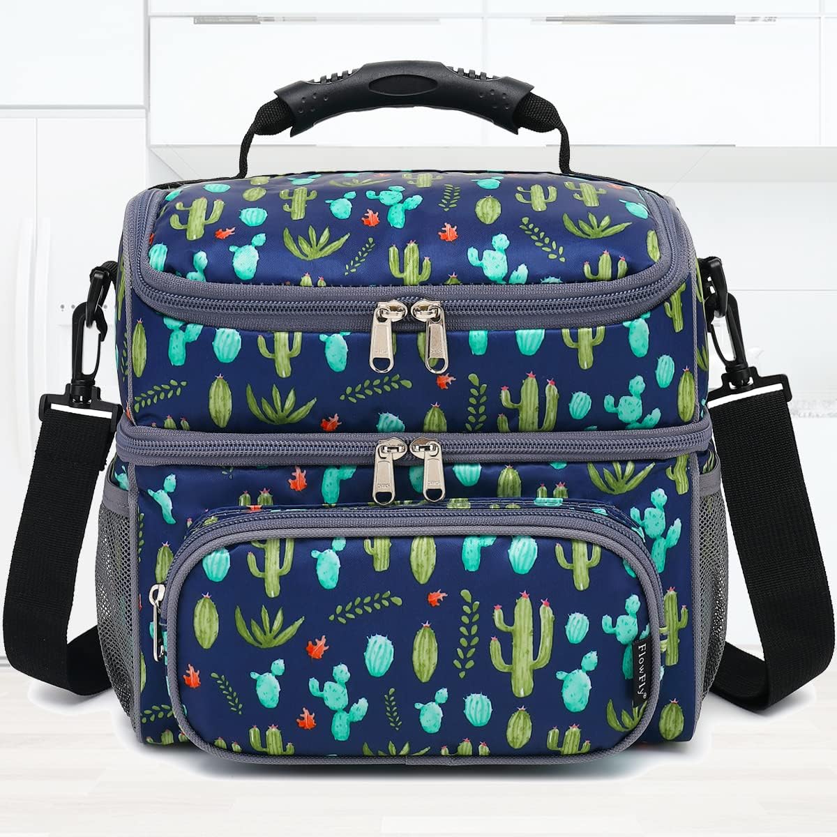 FlowFly Double Layer Cooler Insulated Lunch Bag Adult Lunch Box Large Tote Bag for Men, Women, With Adjustable Strap,Front Pocket and Dual Large Mesh Side Pockets