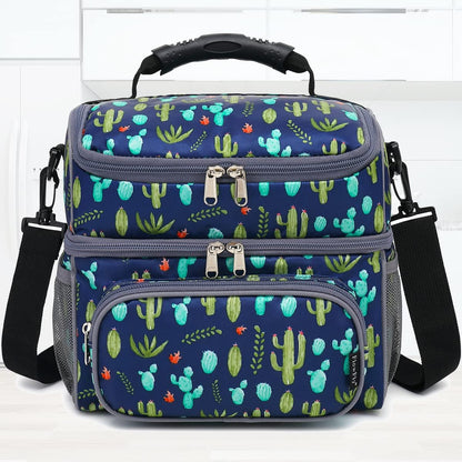 FlowFly Double Layer Cooler Insulated Lunch Bag Adult Lunch Box Large Tote Bag for Men, Women, With Adjustable Strap,Front Pocket and Dual Large Mesh Side Pockets