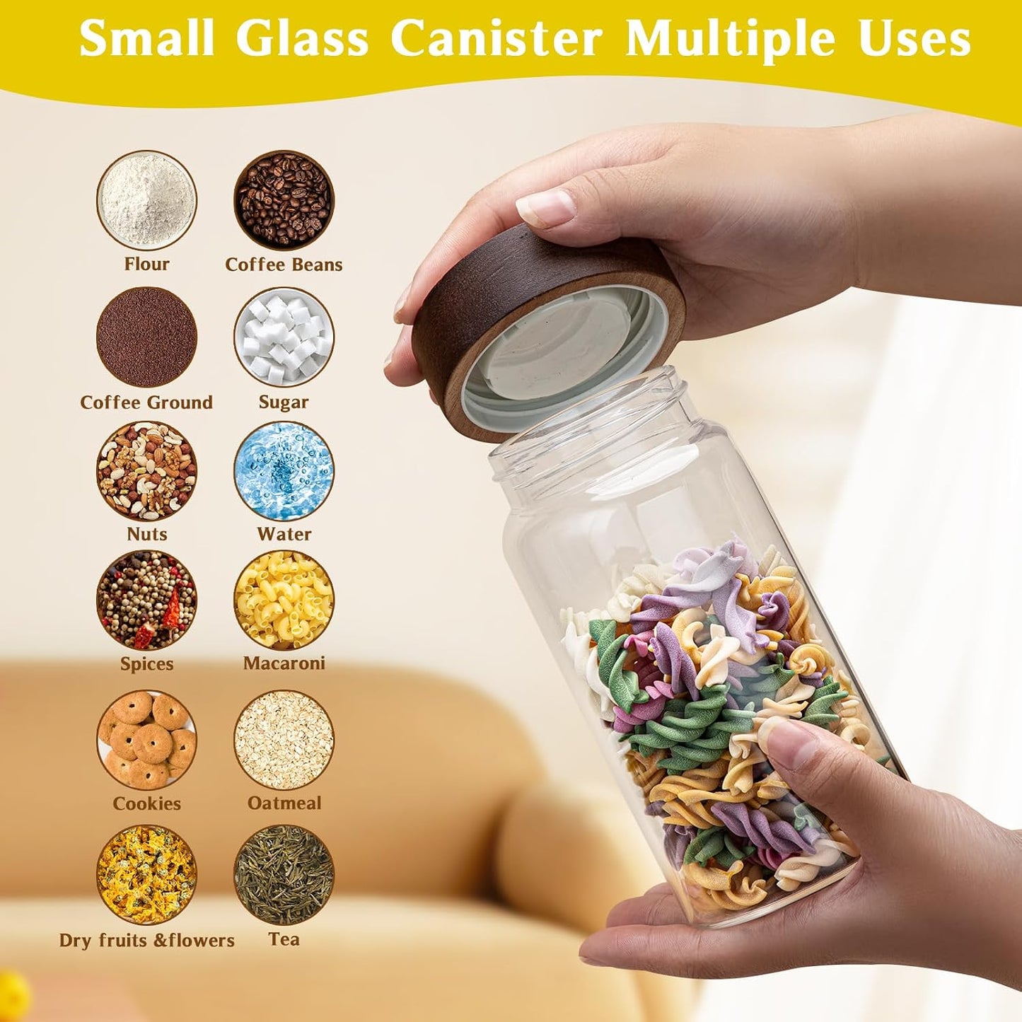 6 pc Glass Spice jars Glass Jars with Screw Lid 5 oz Acacia Wood Glass Herb Sugar Coffee Bean Ground Container Food Storage Canister for Candy Pantry Tea Seasoning Meal Prep Snack (6*150ml(5oz))