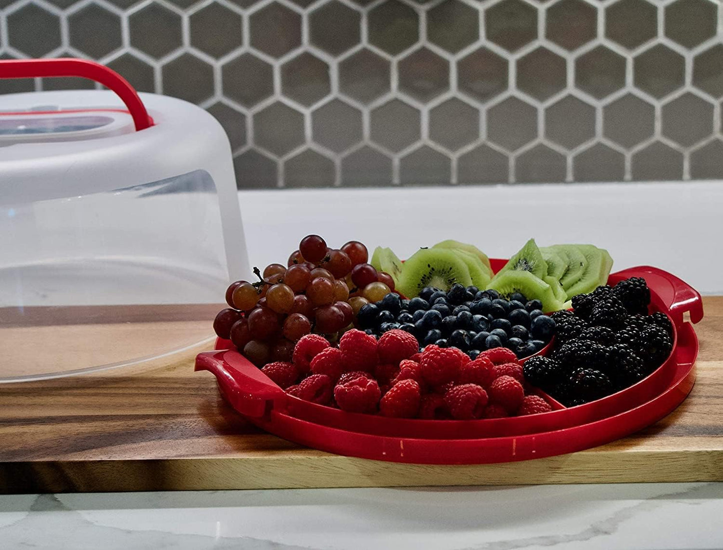 Top Shelf Elements Round Cake Carrier Two Sided Cake Holder Serves as Five Section Serving Tray, Portable Cake Stand Fits 10 inch Cake, Cake Box Comes With Handle, Cake Container Holds Pies (White)