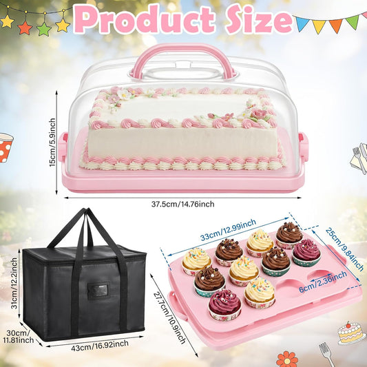 14.7 x 10.9 x 5.9 Inch Rectangle Cake Carrier with Lid and Handle Includes Cupcake Pie Holders Large Waterproof Portable Insulated Bag Pink Cake Carrier with Insert for Secure Dessert Delivery