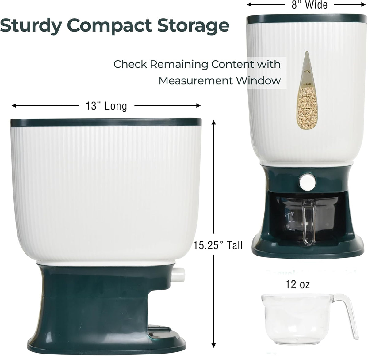 Rice Dispenser for Countertops – Seal 20 Lbs. of Food in Your Small, Strong, Light Rice & Cereal Dispenser – Brush & Measuring Cup Included – White-Green – Home & Kitchen Goods