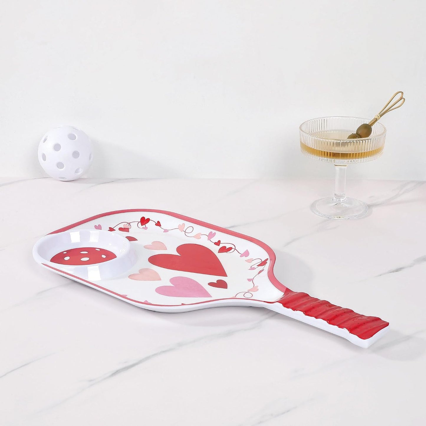 UPware Watermelon Melamine Chip and Dip Snack Tray, Summer Fruit Pickleball Paddle Shape Platter for Chips, Salsa, Fruits, and Appetizers, 15.75 x 8 Inch
