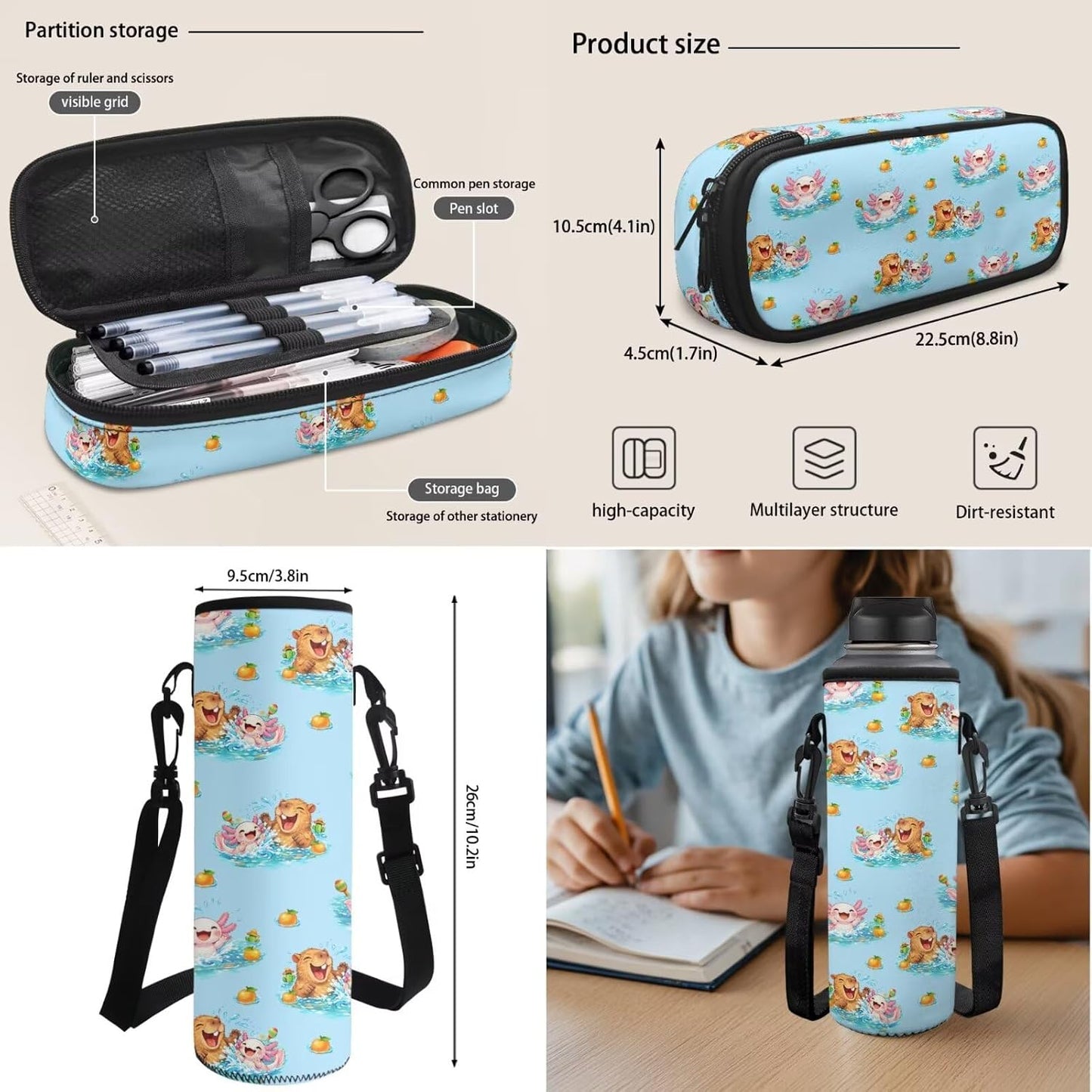 Cute Capybara Pizza Backpack for Girls, 5 Pcs Boys School Bag Set for Kids, 17 Inch Backpacks Lunch Pencil Box Reusable Utensils Case Set for Middle Elementary School, 3rd Grade Backpack