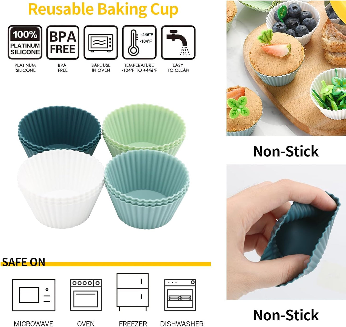 12pcs Silicone Cupcake Baking Cups, Reusable Silicone Baking Cups, BPA Free, Easy Clean Pastry Muffin Molds