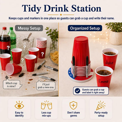Party Cup Holder for 3-4" Cups - Hosting Essential to Prevent Mix-Ups & Reduce Waste - Sturdy Drink Organizer with Rubber Feet for Birthdays, BBQs, & Holiday Gatherings (Cups & Markers Not Included)
