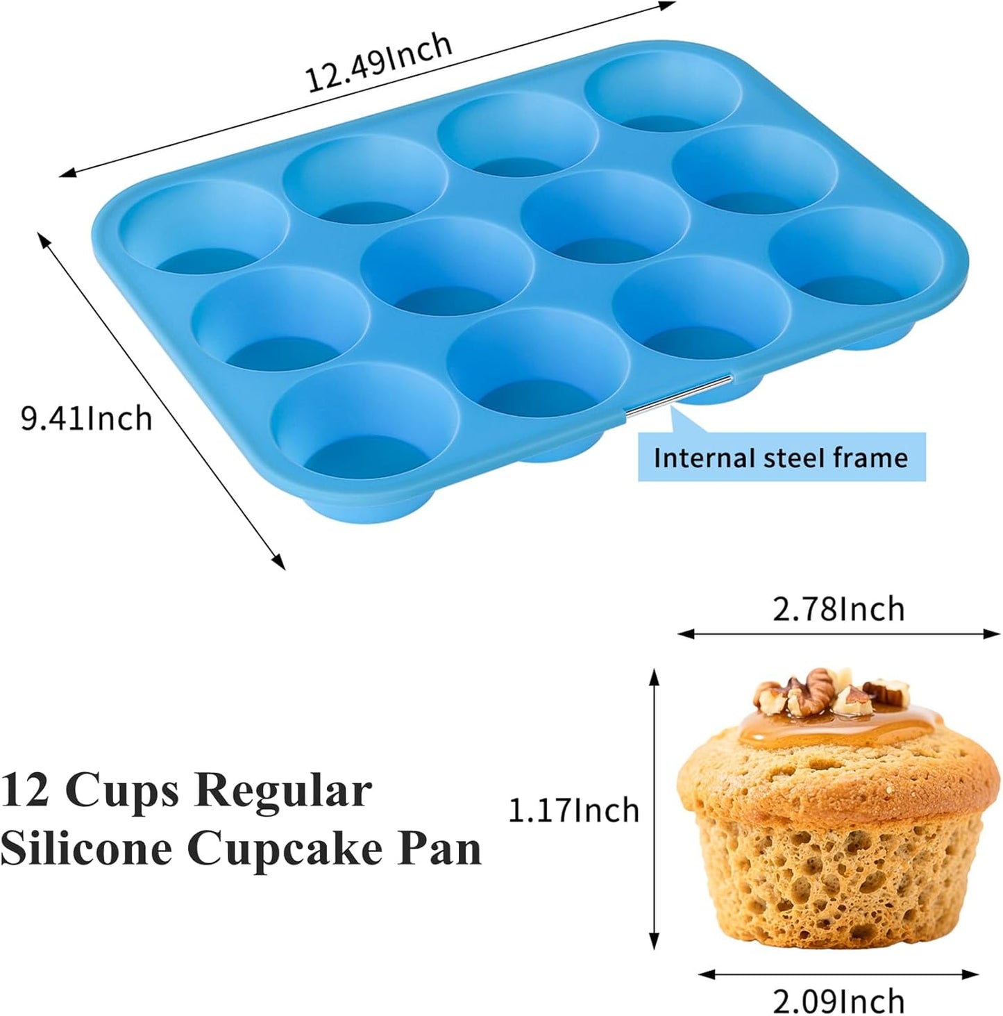 Bangp 12-Cup Silicone Muffin Pan with Metal Reinforced Frame,2 Pack Regular Size Cupcake Pan,Premium Non-Stick Bend Resistance Silicone Molds for Making Muffin,Cakes,Tart,Egg Bites (Red)