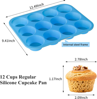 Bangp 12-Cup Silicone Muffin Pan with Metal Reinforced Frame,2 Pack Regular Size Cupcake Pan,Premium Non-Stick Bend Resistance Silicone Molds for Making Muffin,Cakes,Tart,Egg Bites (Red)