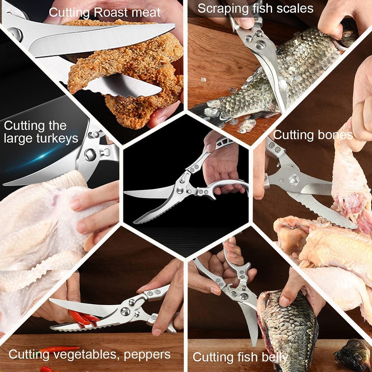 Heavy Duty Stainless Steel Kitchen Shears – Poultry Scissors; suitable for bone, meat, chicken, fish, turkey, and vegetables; spring-loaded, multi-functional, ultra-sharp, and practical