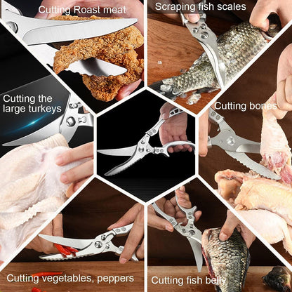 Heavy Duty Stainless Steel Kitchen Shears – Poultry Scissors; suitable for bone, meat, chicken, fish, turkey, and vegetables; spring-loaded, multi-functional, ultra-sharp, and practical