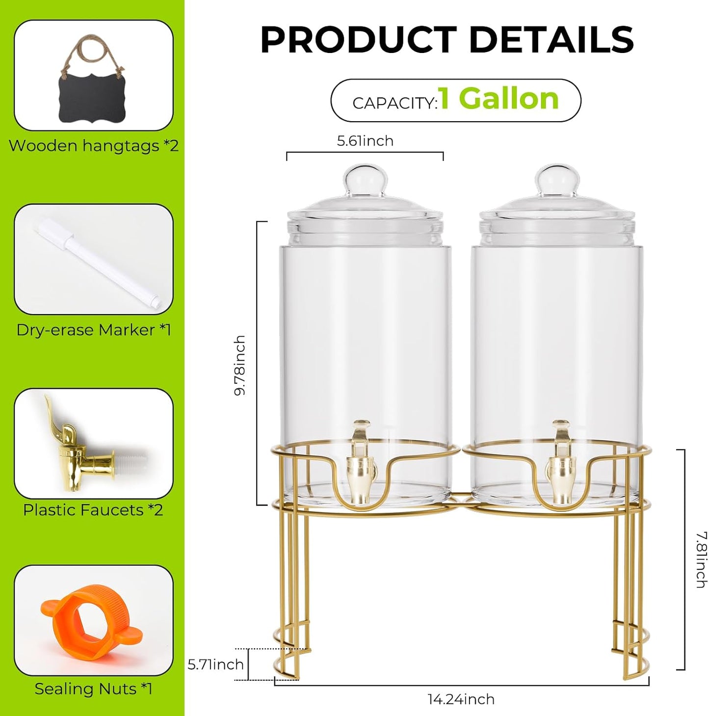 Glass Drink Dispensers For Parties, 2 PACK 1 Gallon Beverage Dispenser With Stand And Spigot Leak proof. Lemonade Dispenser With Ice Cylinder and Chalk board