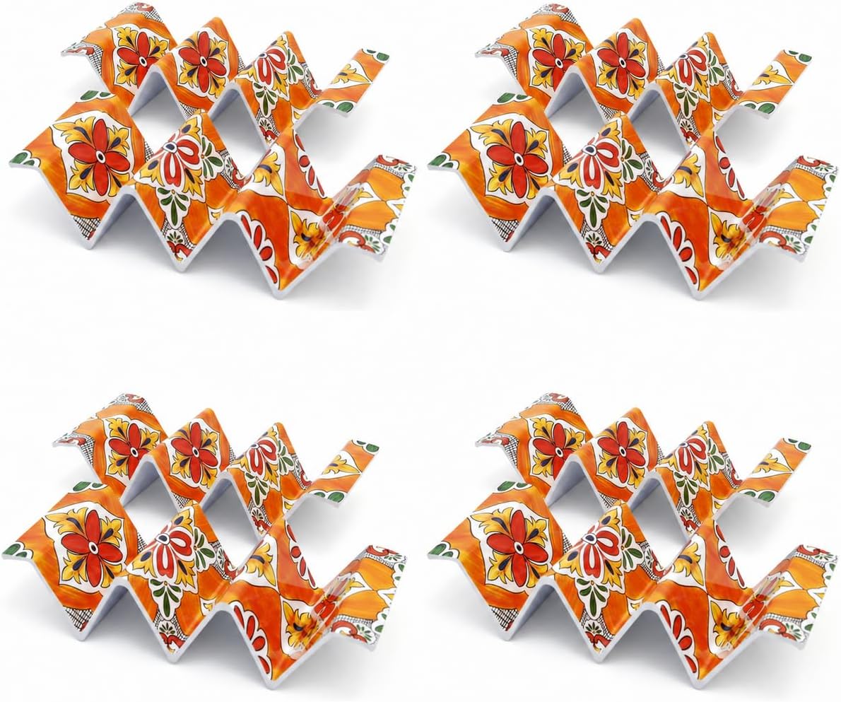 TP Taco Holder Stands, Set of 2 Melamine Large Taco Serving Rack Tray with Handle, Holds 3 Tacos, Dishwasher Safe, Ideal for Taco Night, Party, Home, Fiesta, Talavera Tile