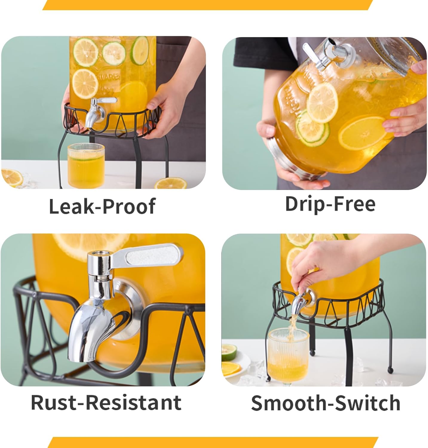 1 Gallon Glass Beverage Dispenser with Stand, Stainless Steel Spigot and Lid, Glass Drink Dispensers for Parties, Drink Dispensers with Lids for Lemonade Sun Tea Mason Jar