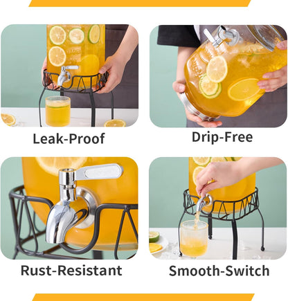 1 Gallon Glass Beverage Dispenser with Stand, Stainless Steel Spigot and Lid, Glass Drink Dispensers for Parties, Drink Dispensers with Lids for Lemonade Sun Tea Mason Jar