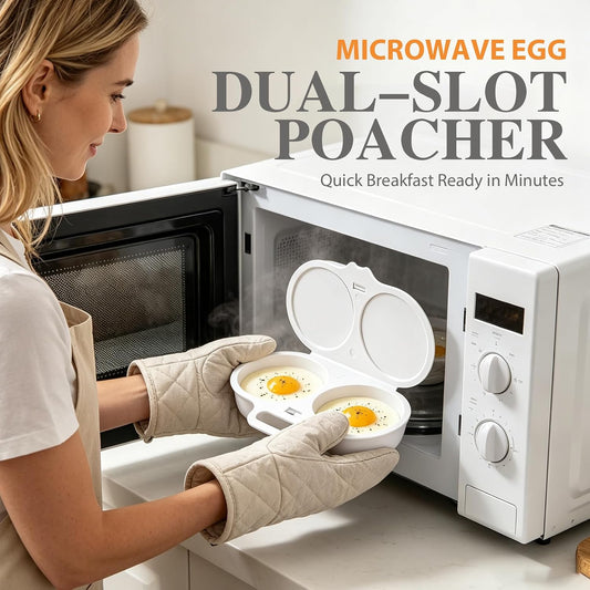 2027 Upgraded Dual Cavity Microwave Egg Poacher with Lid and Handle, Quick-Heat Nonstick Microwave Egg Cooker for 2 Eggs, Oil-Free Food-Grade Kitchen Tool, White*2