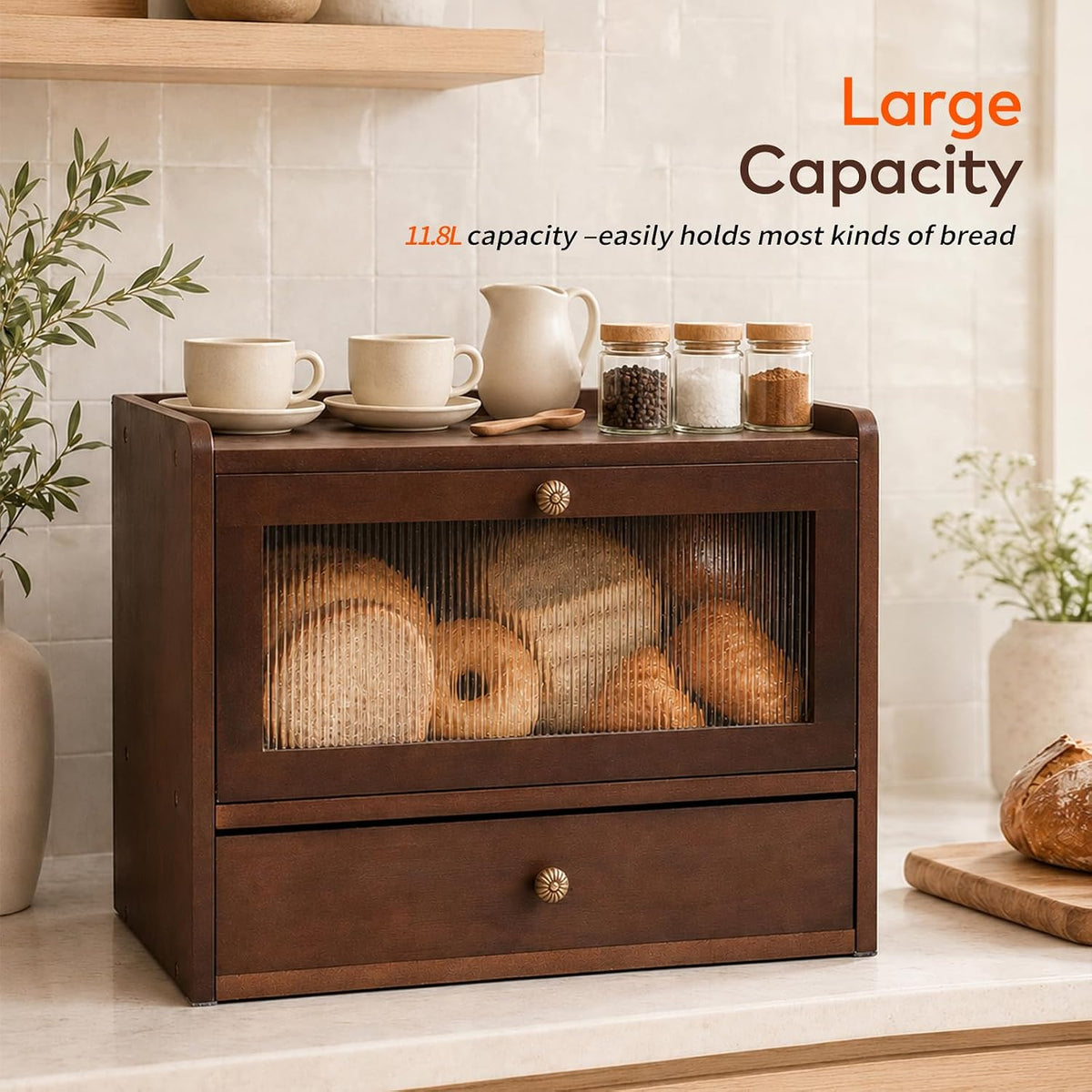 Solid Wood Bread Box with Pull-Out Bamboo Bread Slicer for Kitchen Counter