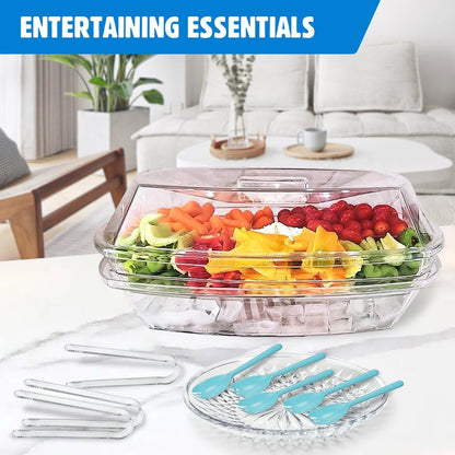 INNOVATIVE LIFE Appetizer Serving Tray on Ice, 15 Inch Party Platter with 4 Ice Cube Tray, Kitchen Chilled Food Bowl with Compartment and Lids for Shrimp, Fruits, Vegetables, Salads, Sushi, Clear