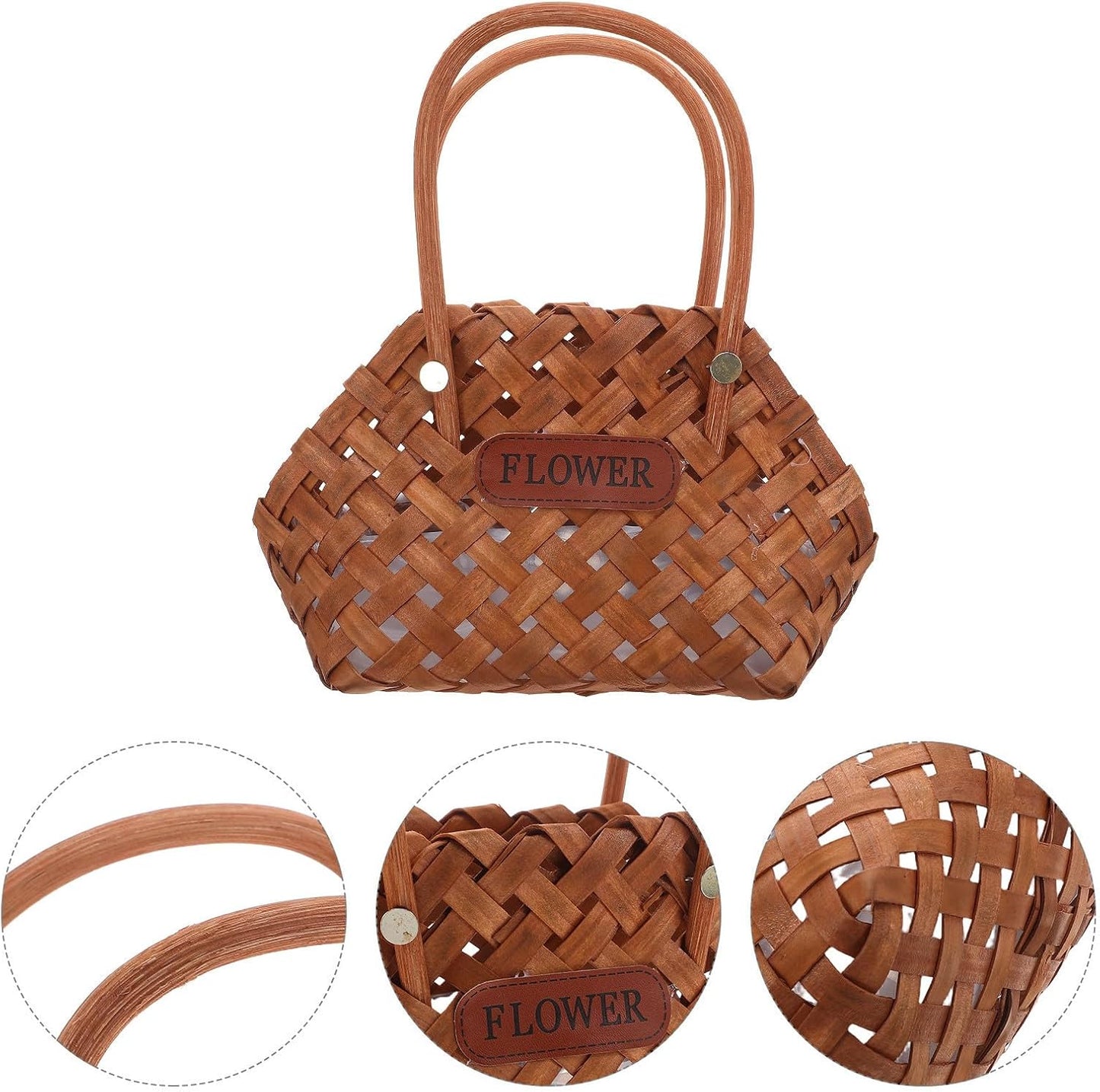 Handwoven Wooden Basket with Ergonomic Handle for Spring Picnic Essentials and Fruit Storage, Strong and Flexible Wood Chip Material, Multipurpose Rustic Basket for Family
