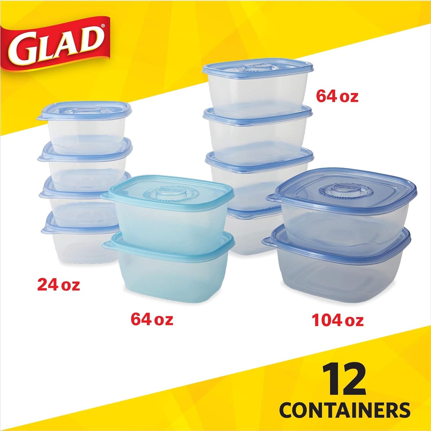 GladWare Food Storage Containers, Family Variety Pack, 24 Piece Set | with Glad Lock Tight Seal, BPA Free Containers and Lids in a Variety of Sizes to Hold and Store Food