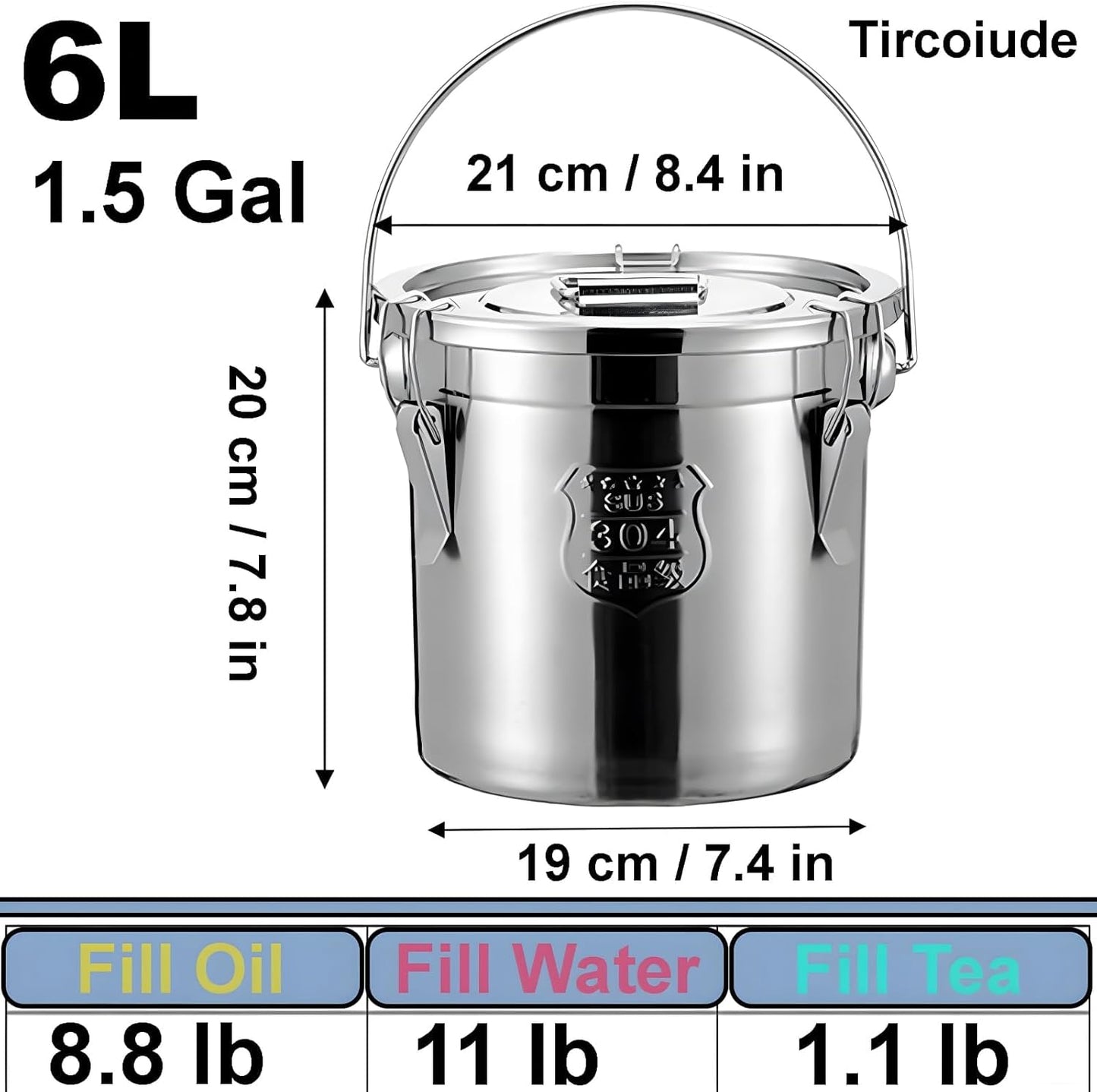 3.2Gal 304 Stainless Steel Kitchen Airtight Canister, 405oz Flour Container with Lid and Locking Clamp,10-21Lbs Metal Bucket Food Storage Container for Rice Flour Grain Coffee Bean(12L)