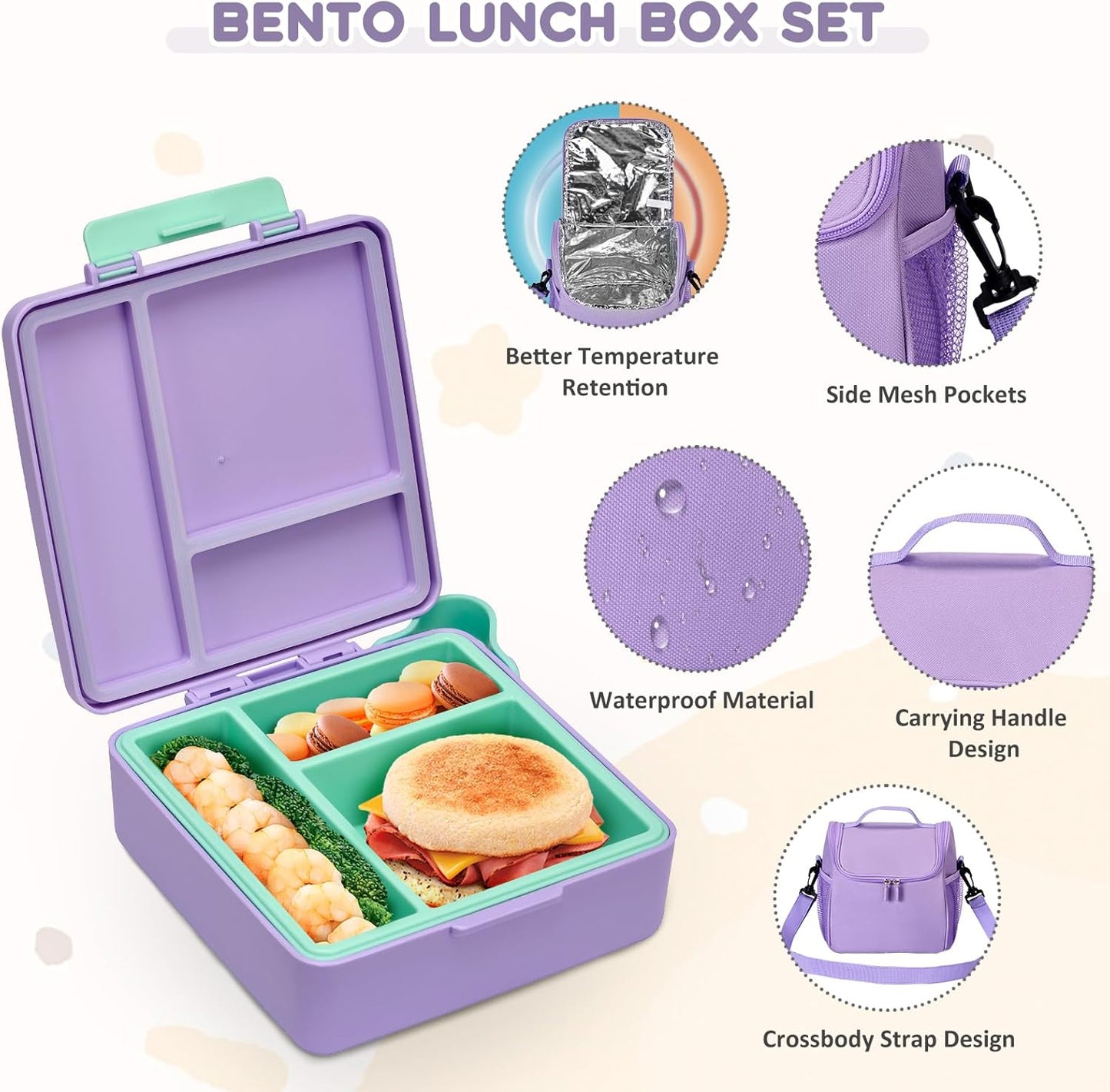 Pawtong Lunch Box Set with Bento Box Container, 17OZ Stainless Steel Food Soup Thermo, Kids Water Bottle & Portable Insulated Lunch Bag, Leakproof, Hot/Cold Retention for School, Travel (Purple-Horse)