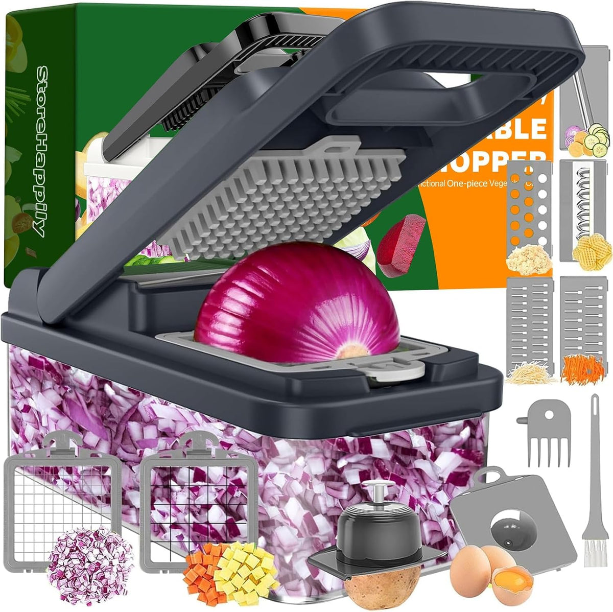 12-in-1 Vegetable Chopper 7 Blades, Veggie Cutter with Handle, Black/White