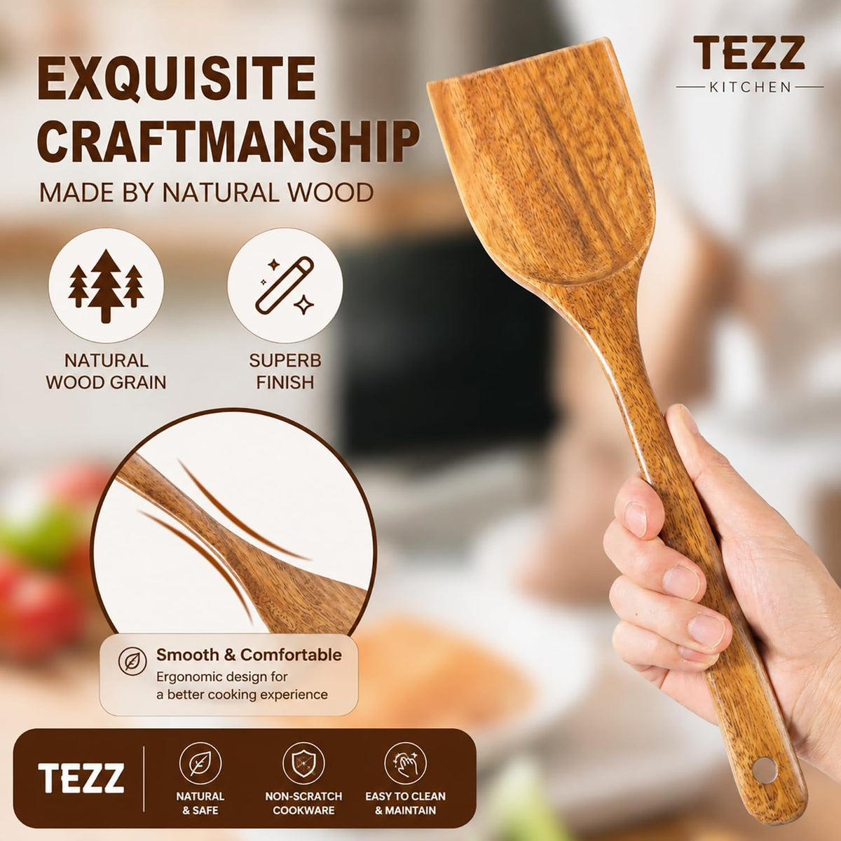 Wooden Spatulas, Natural Acacia Wooden Cooking Utensils Set for Non-stick Pan Kitchen Tool, flipping and Wok Spatula, Wooden Spoons & Spurtle for Cooking