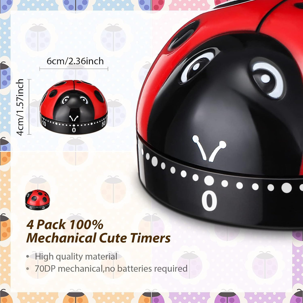 Kanayu 4 Pcs Ladybug Kitchen Timer for Kid Mechanical Egg Timer for Cooking