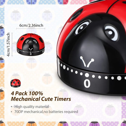 Kanayu 4 Pcs Ladybug Kitchen Timer for Kid Mechanical Egg Timer for Cooking