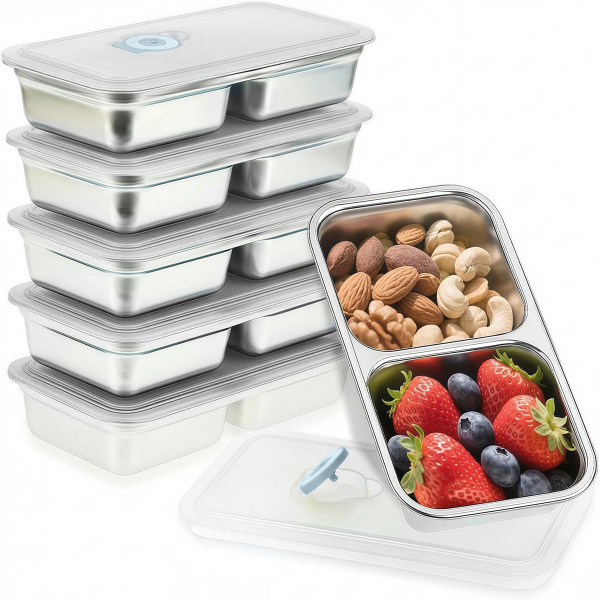 Stainless Steel Snack Containers, 6-Pack Reusable Grab and Go Containers with Lids, Dual Compartment Bento Box for Travel, Camping & Lunch Prep