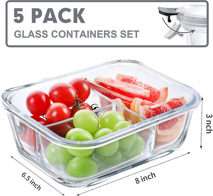 VERONES 5 Pack Glass Meal Prep Containers 3 Compartment Set, 36OZ Airtight Glass Lunch Containers, Glass Food Storage Containers with Lids, for Microwave, Oven, Freezer & Dishwasher Friendly,Green