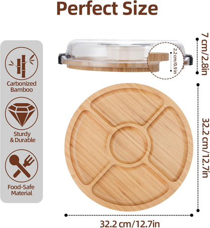 WILLKOMMEN Charcuterie Board with Lid- 5 Compartment Round Serving Tray with Handle & Locking Lid, Portable Bamboo Serving Platter, Serving Dishes for Party Picnic Cheese Snack