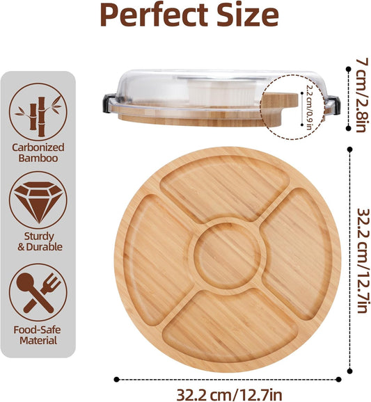 WILLKOMMEN Charcuterie Board with Lid- 5 Compartment Round Serving Tray with Handle & Locking Lid, Portable Bamboo Serving Platter, Serving Dishes for Party Picnic Cheese Snack