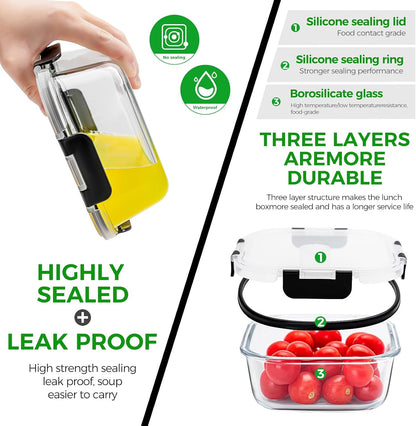 27 oz Glass Food Storage Containers with lids, 4 Pack Square Sandwich Containers/Box for Meal Prep, 3.3 Cup Glass Meal Prep Containers, Microwave, Oven, Freezer and Dishwasher, BPA-free