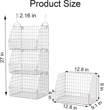 PUPPYCUTE Stackable Wire Storage Baskets for Kitchen Closet Pantry, Hanging Closet Organizers Storage Shelves Organization, Wall Mount Metal Basket Bins, Clothing Vegetable & Fruit Organizer 3 pcs