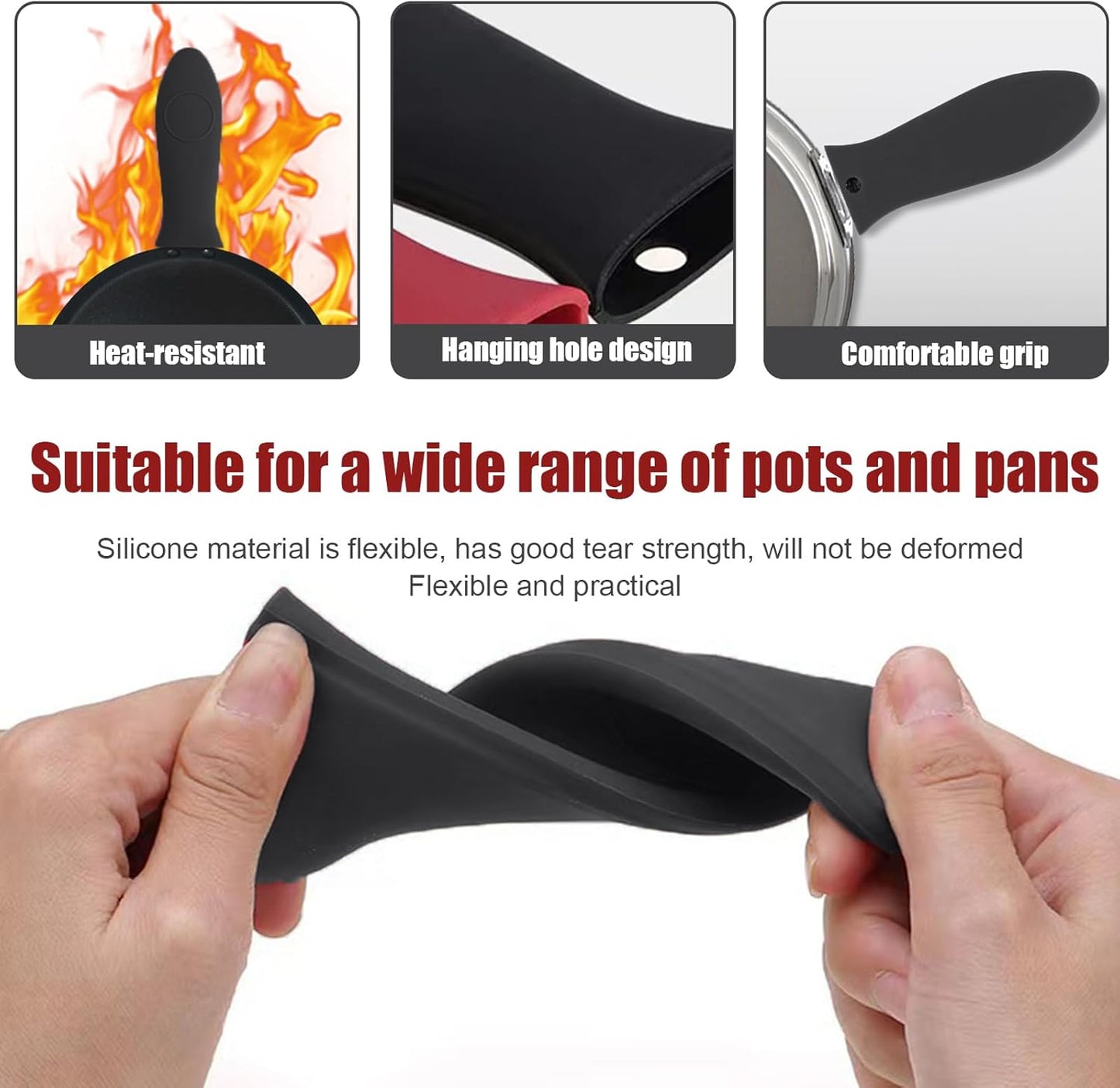 2 Pack Silicone Pan Handle Sleeve, Heat Resistant Cast Iron Skillet Handle Covers for Pots and Pans, Assist Handle Holder Grip for Kitchen Frying Griddles Cookware (Red & Black)