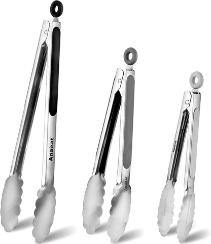 Anaeat Premium Kitchen Locking Tong Set of 3 - Heavy Duty Stainless Steel Food Tongs with Long Handle & Non-Slip Silicone Grip for Cooking, Baking, Grilling - Heat Resistant up to 480°F