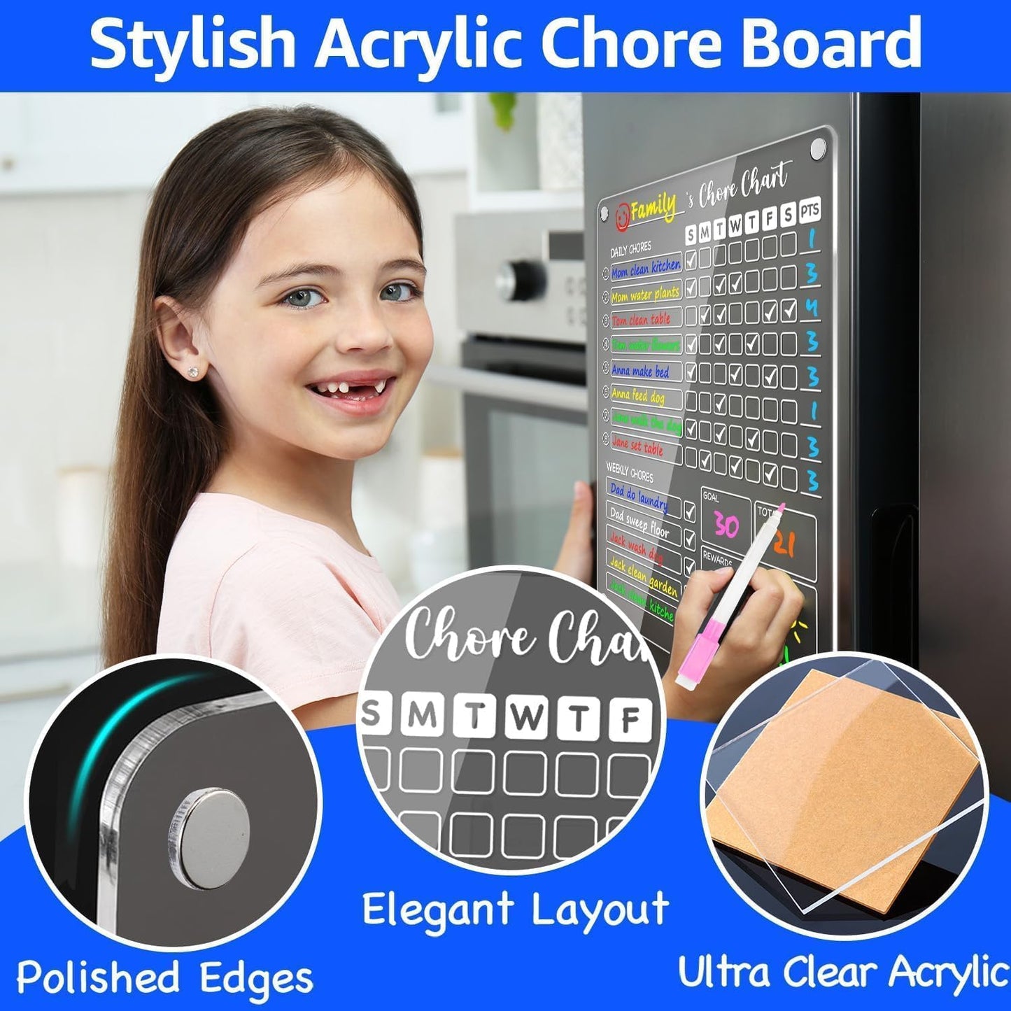 PigPotParty Acrylic Magnetic Chore Chart for Adults, 12x9.5 Inch Clear Dry Erase Chore Board for Fridge, Daily Weekly and Notes Sections, Pre-Installed Embedded Magnets, 8 Fine-tip Markers and Towel