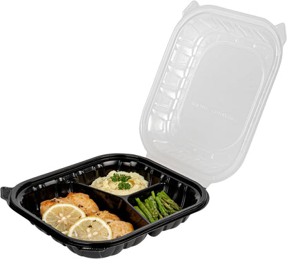 Thermo Tek 40 Ounce Clamshell Containers, 50 Disposable Take Out Boxes - 3 Compartments, Ventilated Lids, Black Plastic Meal Prep Containers, Microwavable, For Pasta Or Salads - Restaurantware