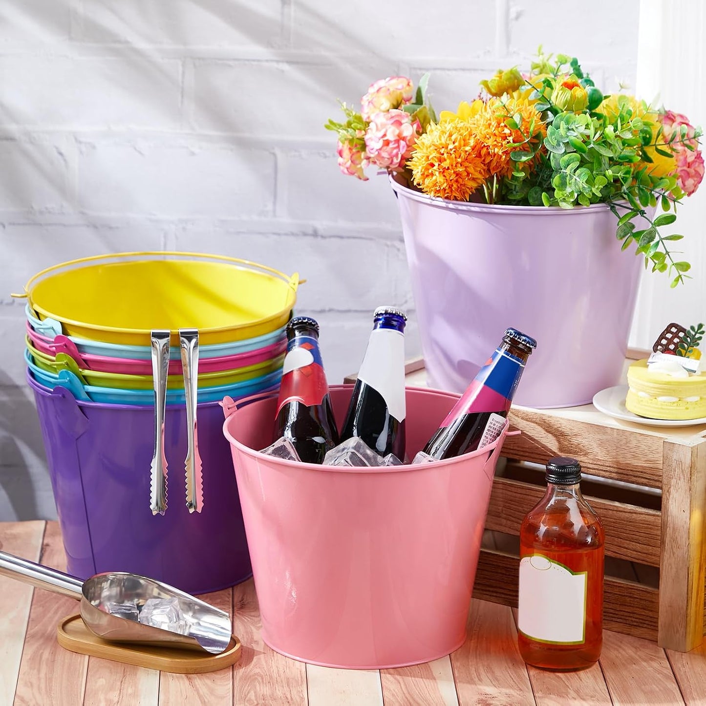Zopeal 12 Pcs Galvanized Beer Bucket Set, Includes 8 Metal Ice Buckets 5qt with 2 Scoops & 2 Tongs, Round Slive Pails Bulk for Weddings Birthday Beach Pool Party Supplies Summer Table Centerpieces