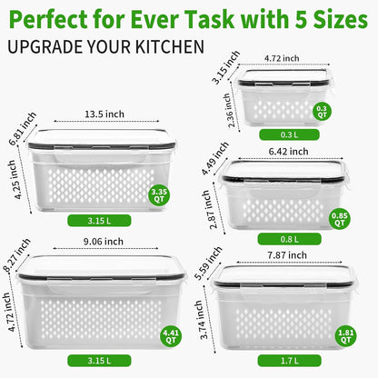 PRAKI 5-Pack Large Fruit Storage Containers for Fridge with Removable Colander, 2 in 1 Produce Storage Containers, BPA-Free Fridge Organizers and Storage Keep Fruits, Vegetables, Berry Fresh Longer