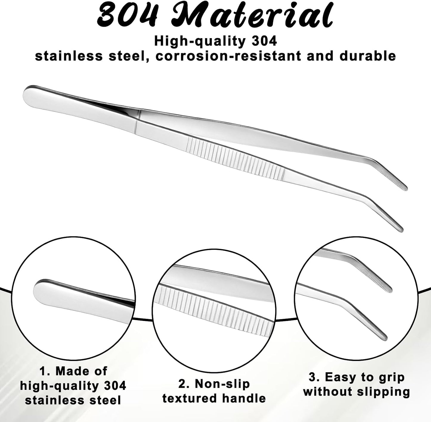 2 PCS 8 Inch Stainless Steel Tweezers with Curved Serrated Tip Kitchen Long Tweezers Set Heavy Duty Sewing Machine Tweezer Long Aquarium Tweezer Reptile Feeding Tongs for Cooking Crafting Repairing