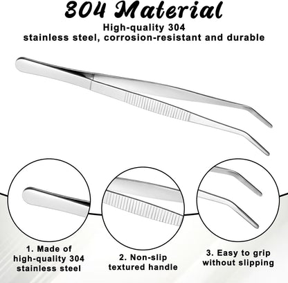 2 PCS 8 Inch Stainless Steel Tweezers with Curved Serrated Tip Kitchen Long Tweezers Set Heavy Duty Sewing Machine Tweezer Long Aquarium Tweezer Reptile Feeding Tongs for Cooking Crafting Repairing