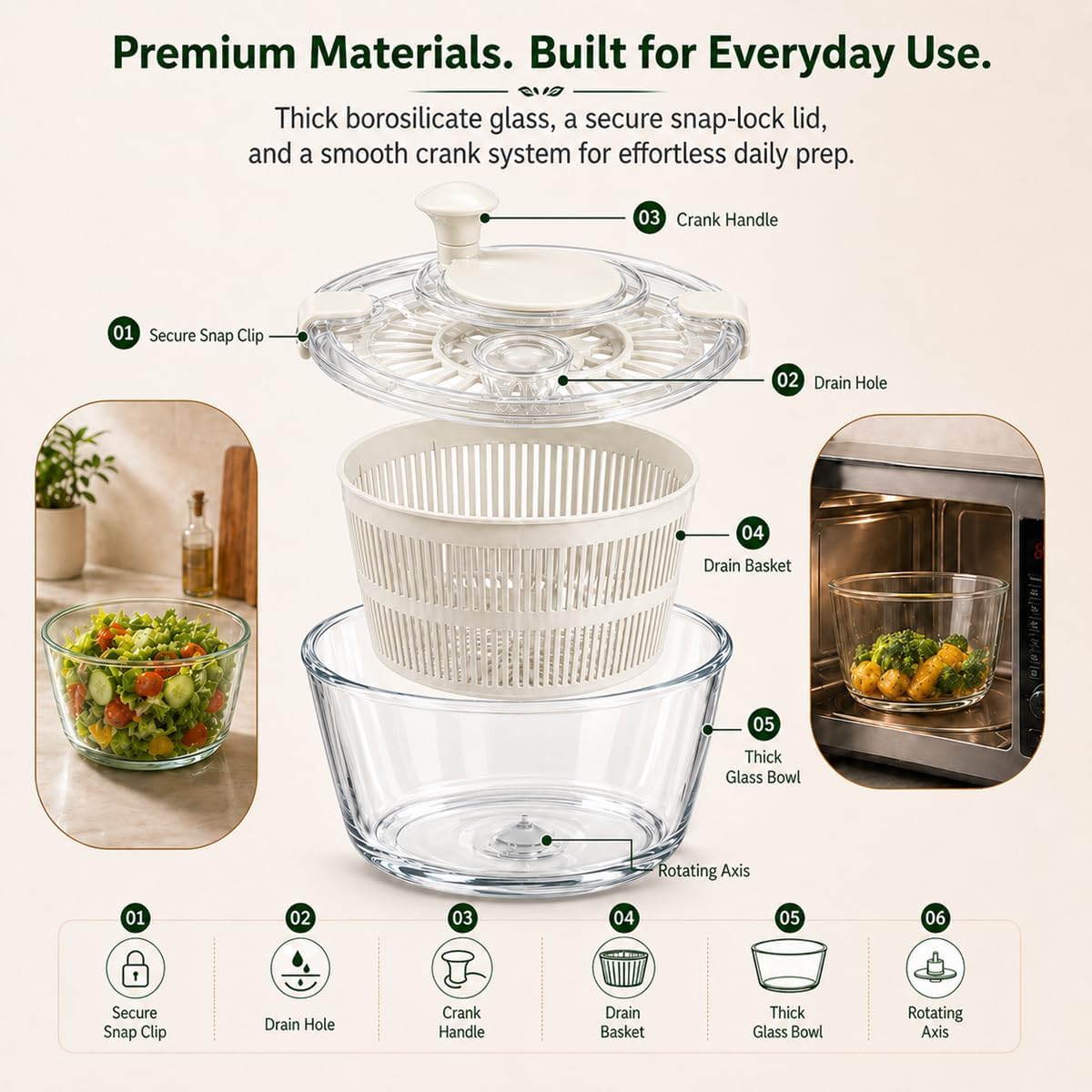 Large 5.2 Qt Glass Salad Spinner with Storage Lid Glass Bowl Black