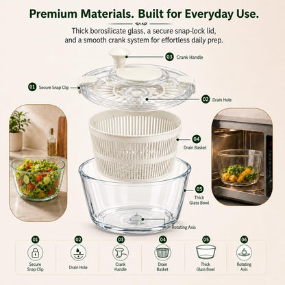 Large 5.2 Qt Glass Salad Spinner with Storage Lid Glass Bowl Black