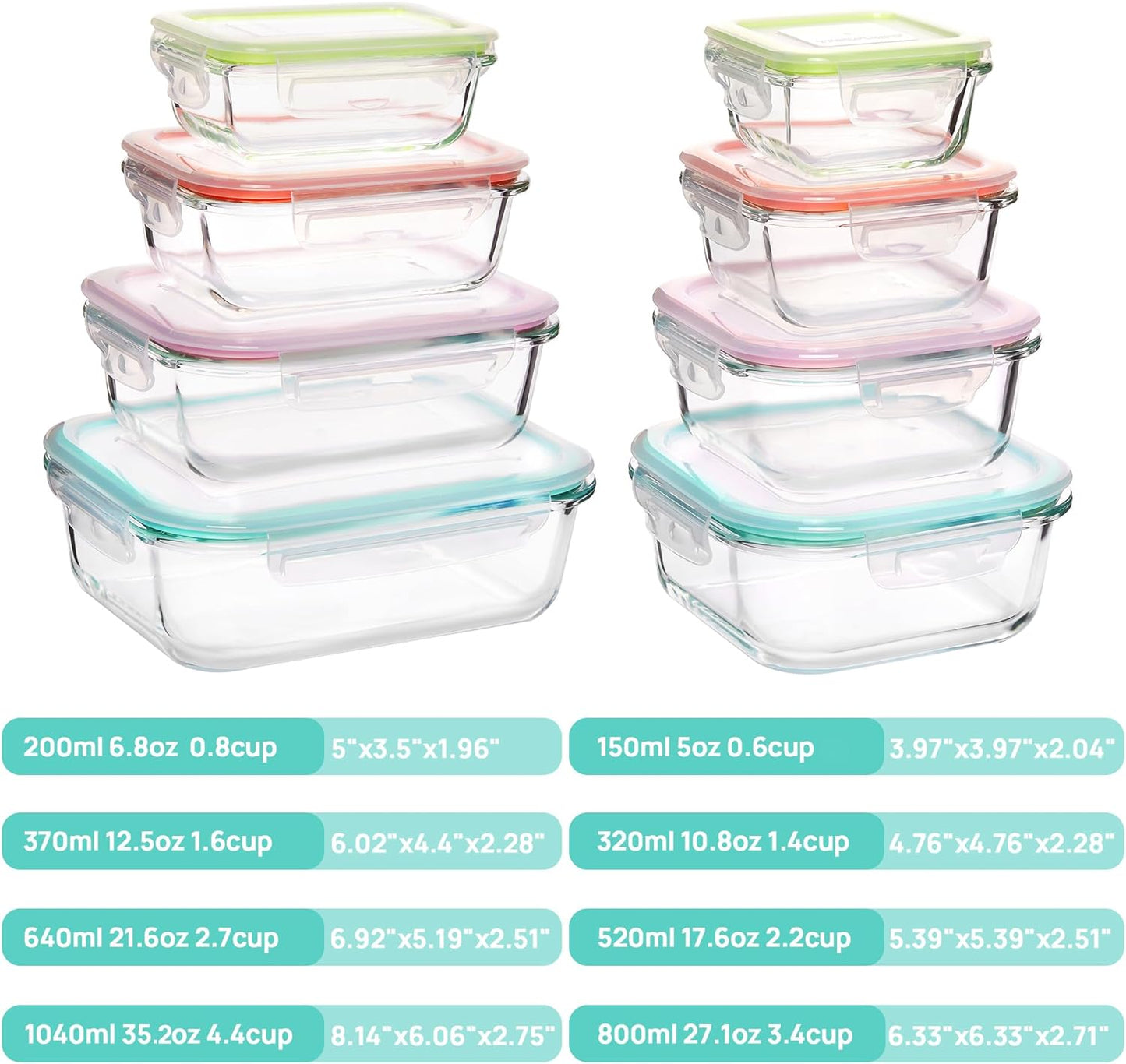 Vtopmart 8 Pack Glass Food Storage Containers with Airtight Lids, Glass Meal Prep Containers, Lunch Office Meal for Microwave, Oven, Freezer and Dishwasher, BPA Free