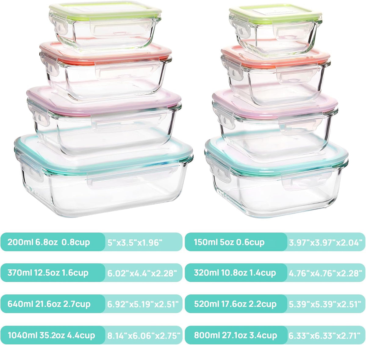 Vtopmart 8 Pack Glass Food Storage Containers with Airtight Lids, Glass Meal Prep Containers, Lunch Office Meal for Microwave, Oven, Freezer and Dishwasher, BPA Free