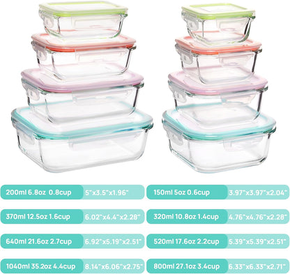 Vtopmart 8 Pack Glass Food Storage Containers with Airtight Lids, Glass Meal Prep Containers, Lunch Office Meal for Microwave, Oven, Freezer and Dishwasher, BPA Free