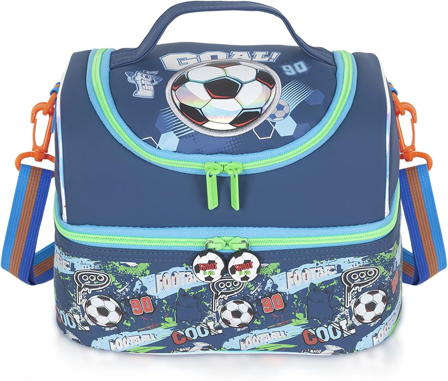 Kids Double Decker Cooler Insulated Lunch Bag, Back to School Large Meal Tote for Boys, Girls, Men, Women, with Adjustable Strap, Soccer