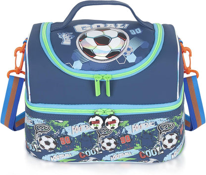 Kids Double Decker Cooler Insulated Lunch Bag, Back to School Large Meal Tote for Boys, Girls, Men, Women, with Adjustable Strap, Soccer